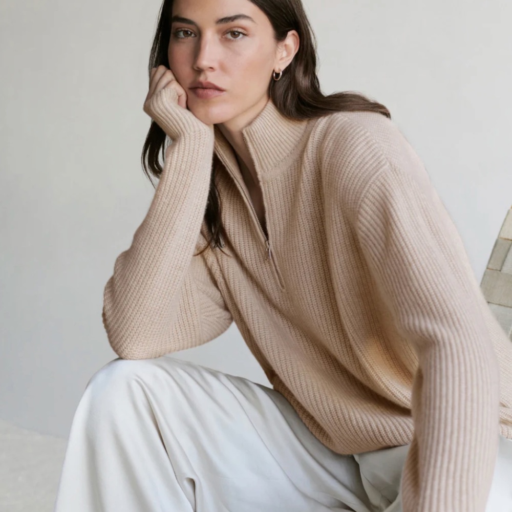 Jenni Kayne Cashmere Half Zip, Oatmeal, Medium